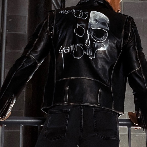 Madness Is Genius Hand Painted Real Leather Jacket - Picture 1 of 2